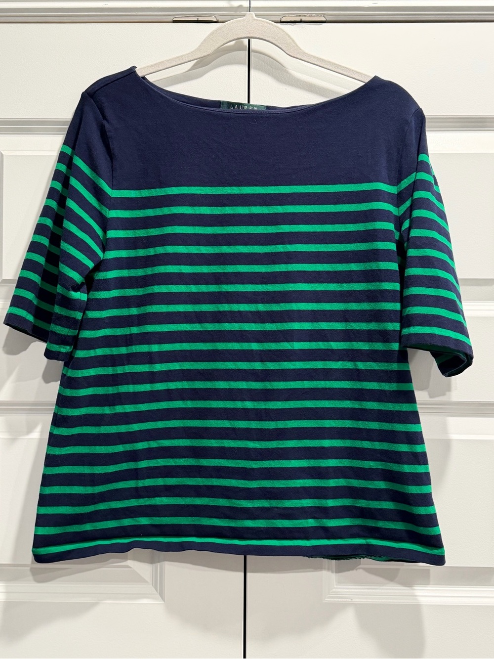 Ralph Lauren Navy and Green Striped Boatneck Tee